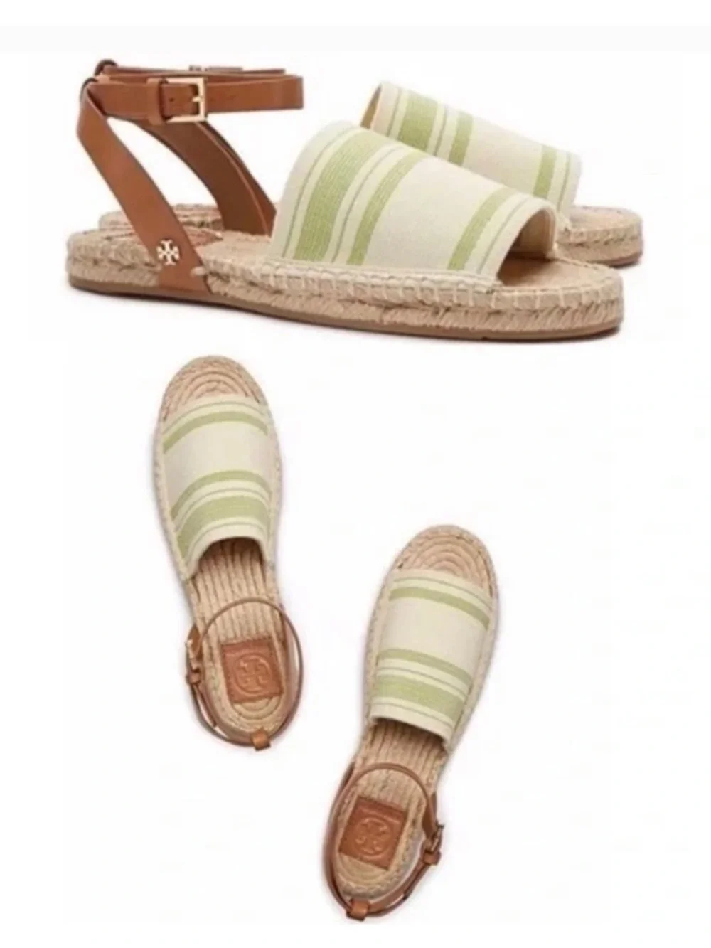 TORY BURCH Elastic Awning Stripe Espadrille Sandal Green Ivory Brown Size 6.5